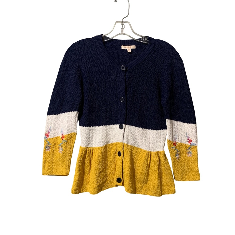 Skies Are Blue Colorblock Peplum Cardigan Sweater Floral Embroidered Navy Small